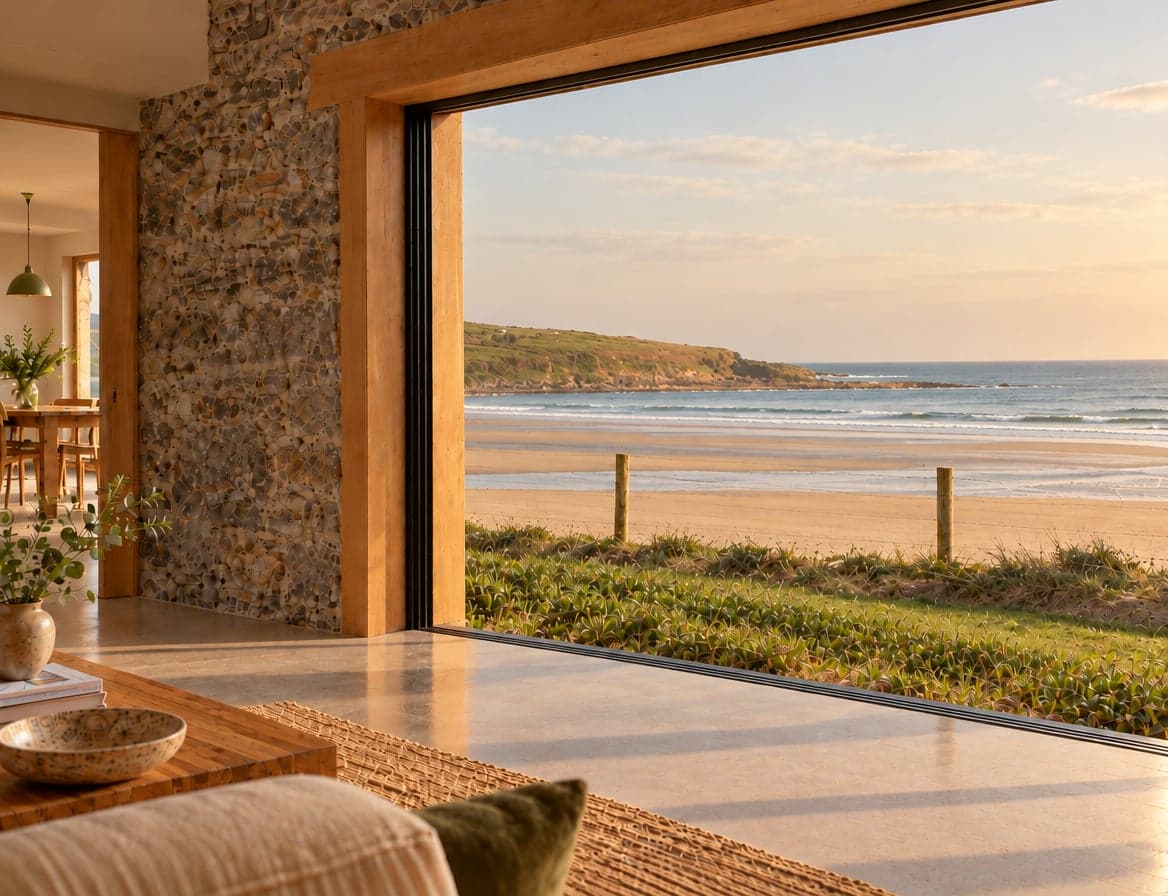 A living room with a stone wall and an oak-framed opening onto a lawn and beach, the glazing slid fully back
