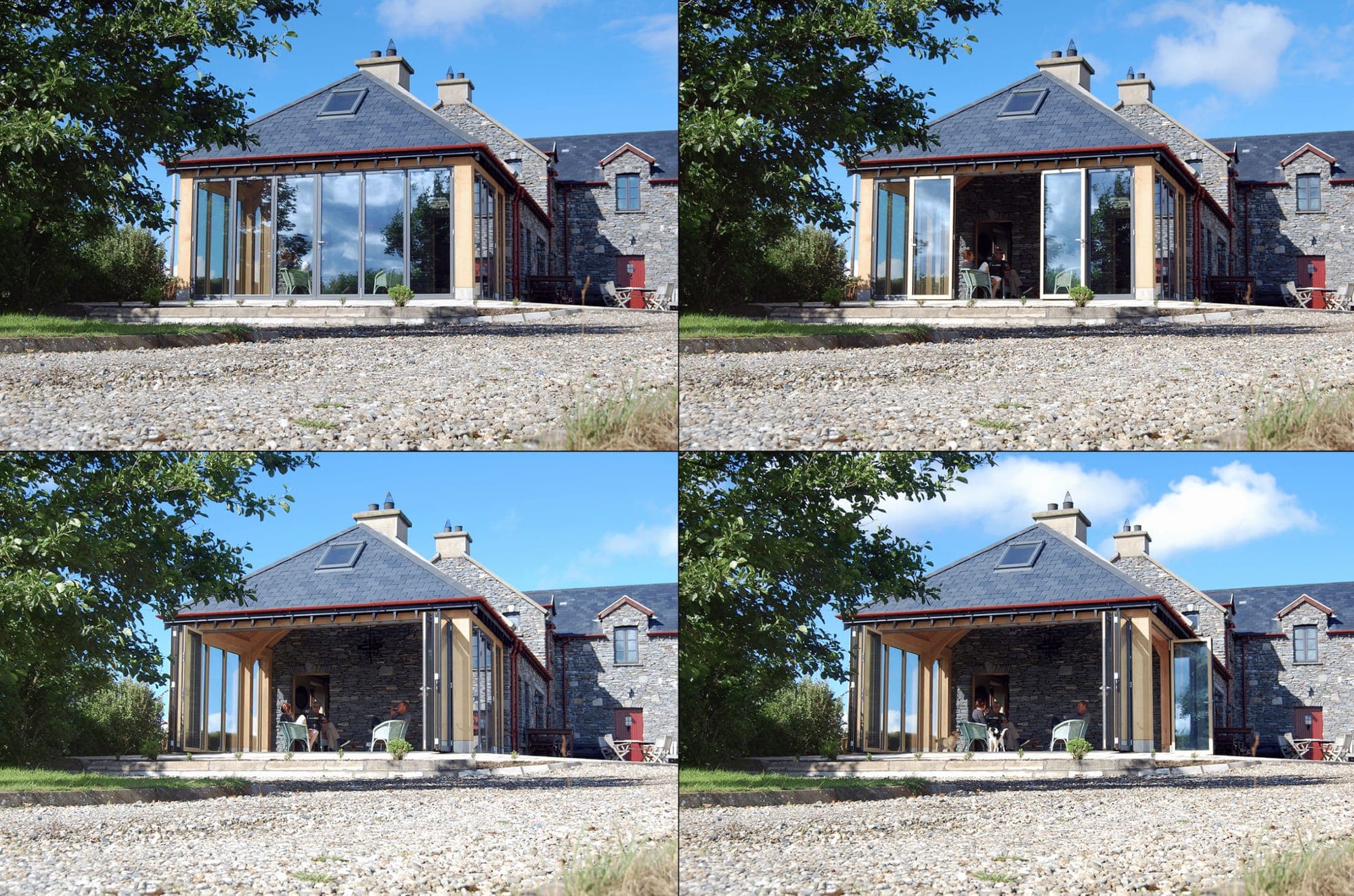 Four views of a slate-roofed extension to a stone farmhouse, its glass folding doors closed, then opening in stages until the room is open to the gravel yard, with people seated inside