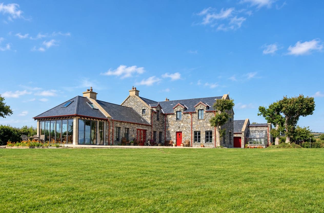 A long stone farmhouse with a glazed garden-room extension, seen across a lawn under a blue sky