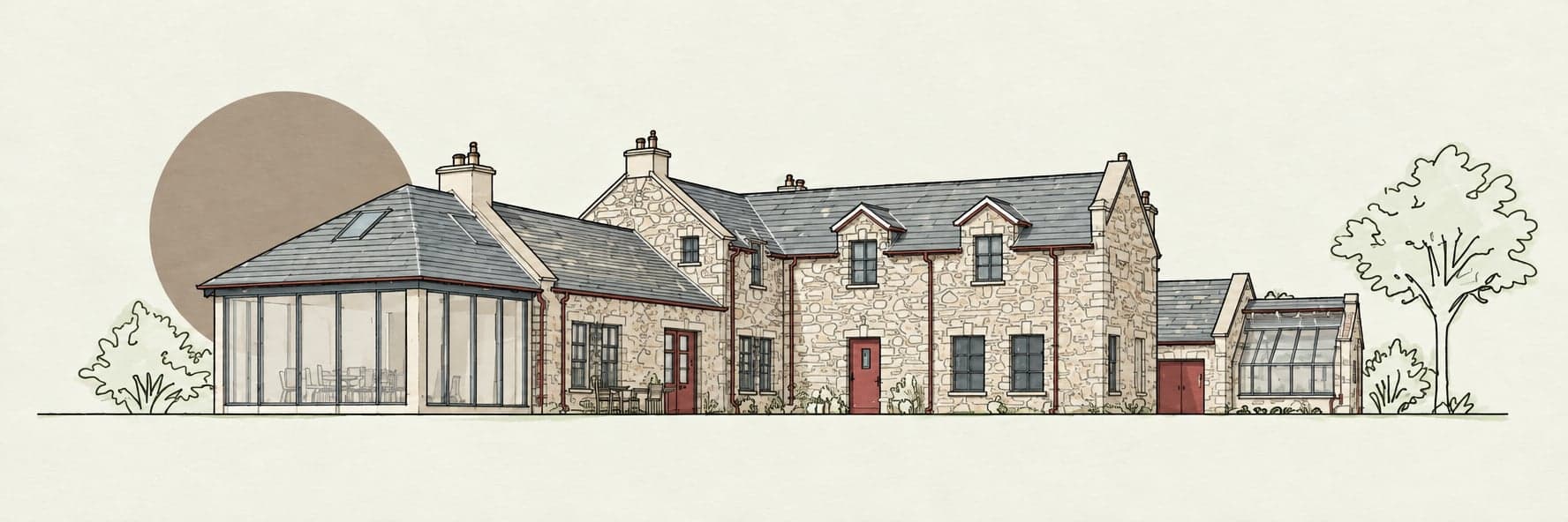 Illustrated elevation of a stone cottage with a glazed extension and a stone outbuilding added to either side
