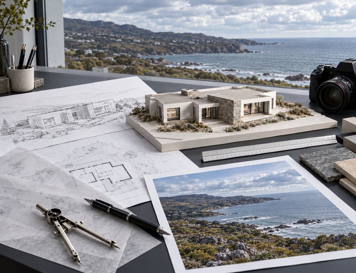An architect's desk by a window over a rocky coastline, with a model of a stone and white house, sketches, floor plans, a compass, material samples and a camera