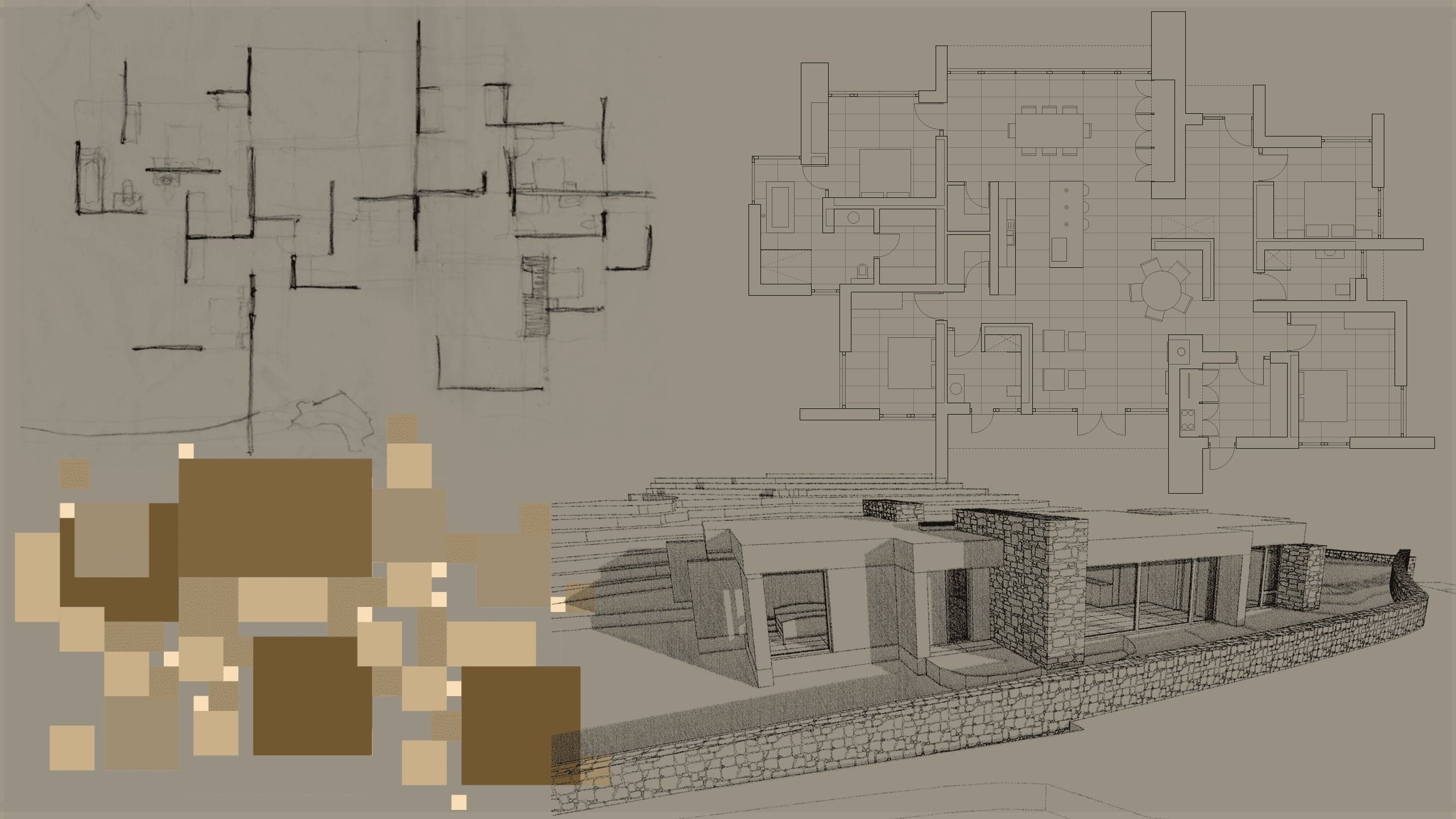 Hand sketches and a CAD floor plan of a single-storey house, beside a rendered perspective of it with stone walls, over a collage of tan squares