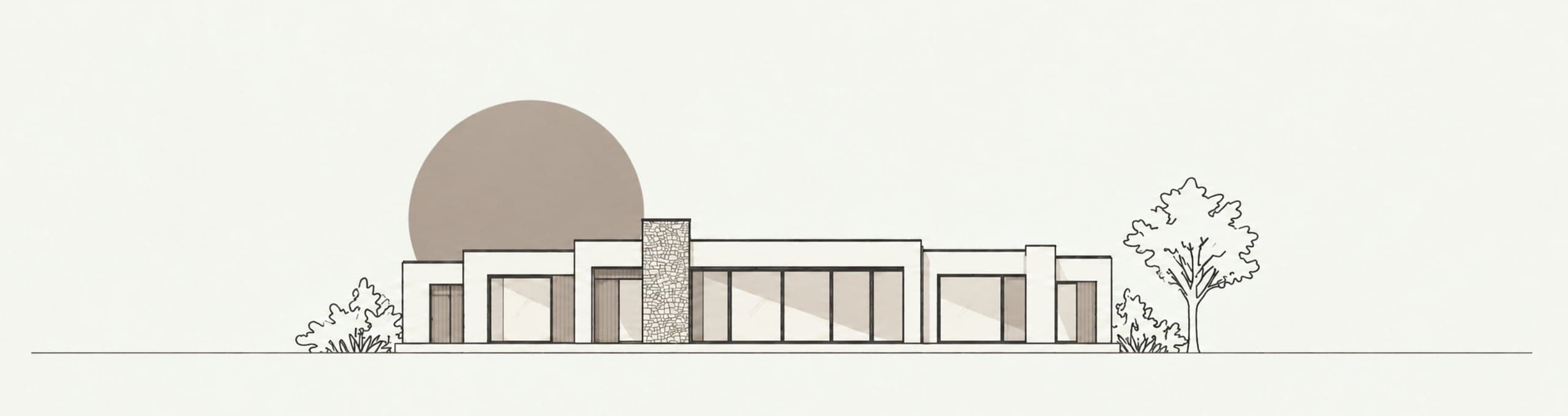 Line drawing of a single-storey new build house with a stone chimney, between a shrub and a tree, set against a low sun